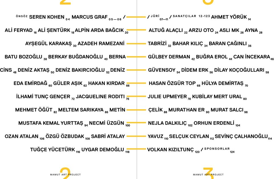 BAKIRCIOĞLU 52 DENİZ GÜVENSOY 54 DİDEM ERK 56 DİLAY KOÇOĞULLARI 58 EDA GÜLER EMİRDAĞ AŞIK HAKAN KIRDAR HASAN ÖZGÜR TOP HÜLYA DEMİRTAŞ 60 62 66 68 70 İLHAMİ TUNÇ GENÇER 72 JACQUELINE RODITI 76 JULIE