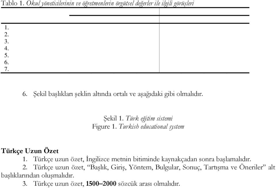 Turkish educational system Türkçe Uzun Özet 1. Türkçe uzun özet, İngilizce metnin bitiminde kaynakçadan sonra başlamalıdır. 2.