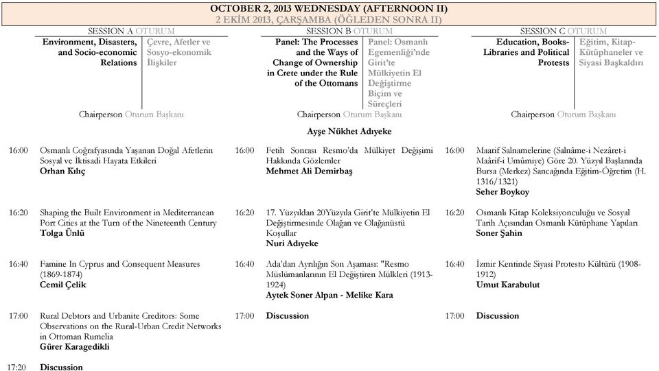 Political Protests Eğitim, Kitap- Kütüphaneler ve Siyasi Başkaldırı Ayşe Nükhet Adıyeke 16:00 Osmanlı Coğrafyasında Yaşanan Doğal Afetlerin Sosyal ve İktisadi Hayata Etkileri Orhan Kılıç 16:20
