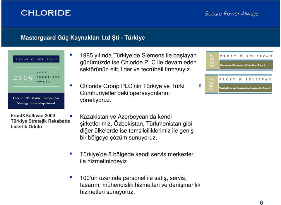 Frost&Sullivan 2009 Türkiye Stratejik Rekabette Liderlik Ödülü Kazakistan ve Azerbeycan da kendi şirketlerimiz, Özbekistan, Türkmenistan gibi diğer ülkelerde ise