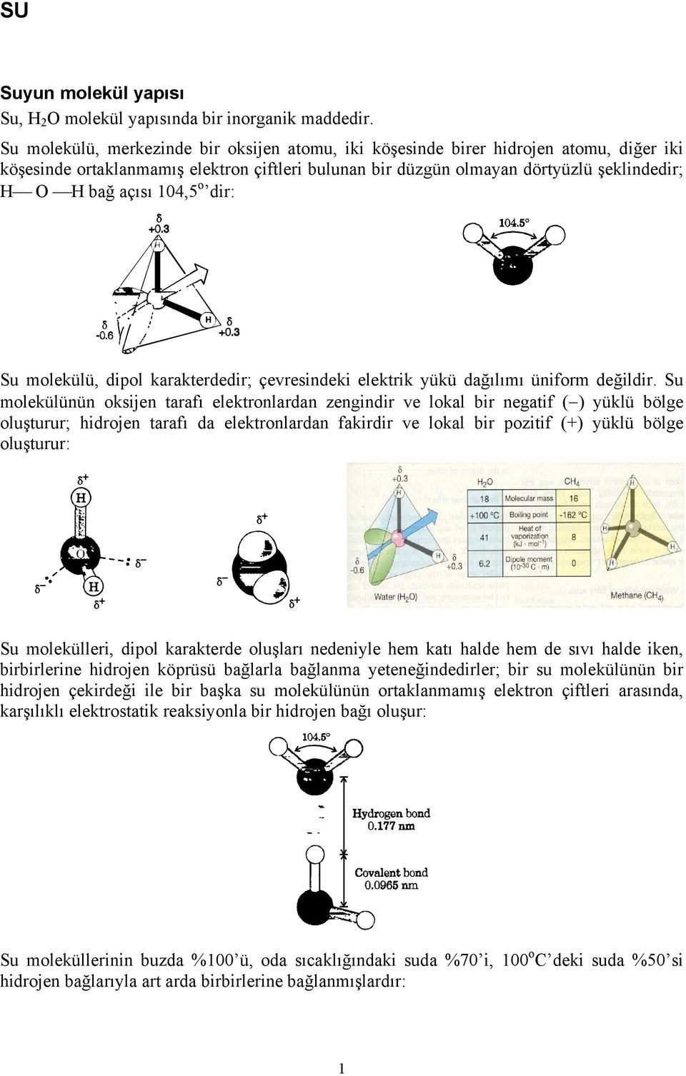 104,5 o dir: Su molekülü, dipol karakterdedir; çevresindeki elektrik yükü dağılımı üniform değildir.