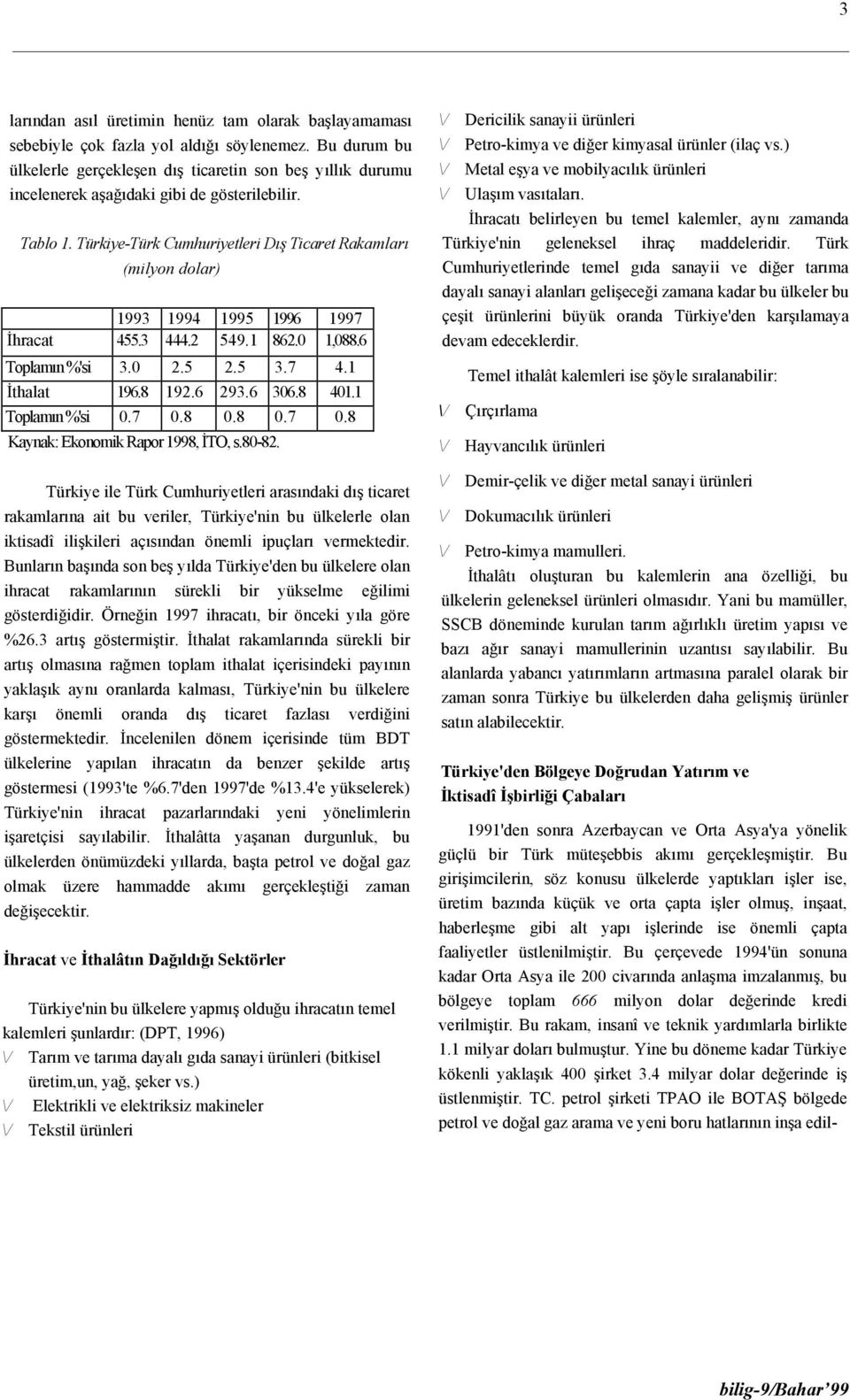 Türkiye-Türk Cumhuriyetleri Dış Ticaret Rakamları (milyon dolar) 1993 1994 1995 1996 1997 İhracat 455.3 444.2 549.1 862.0 1,088.6 Toplamın %'si 3.0 2.5 2.5 3.7 4.1 İthalat 196.8 192.6 293.6 306.8 401.