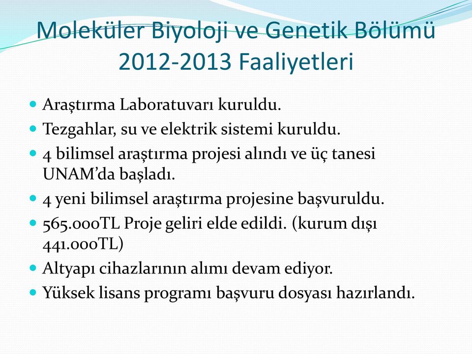 4 bilimsel araştırma projesi alındı ve üç tanesi UNAM da başladı.