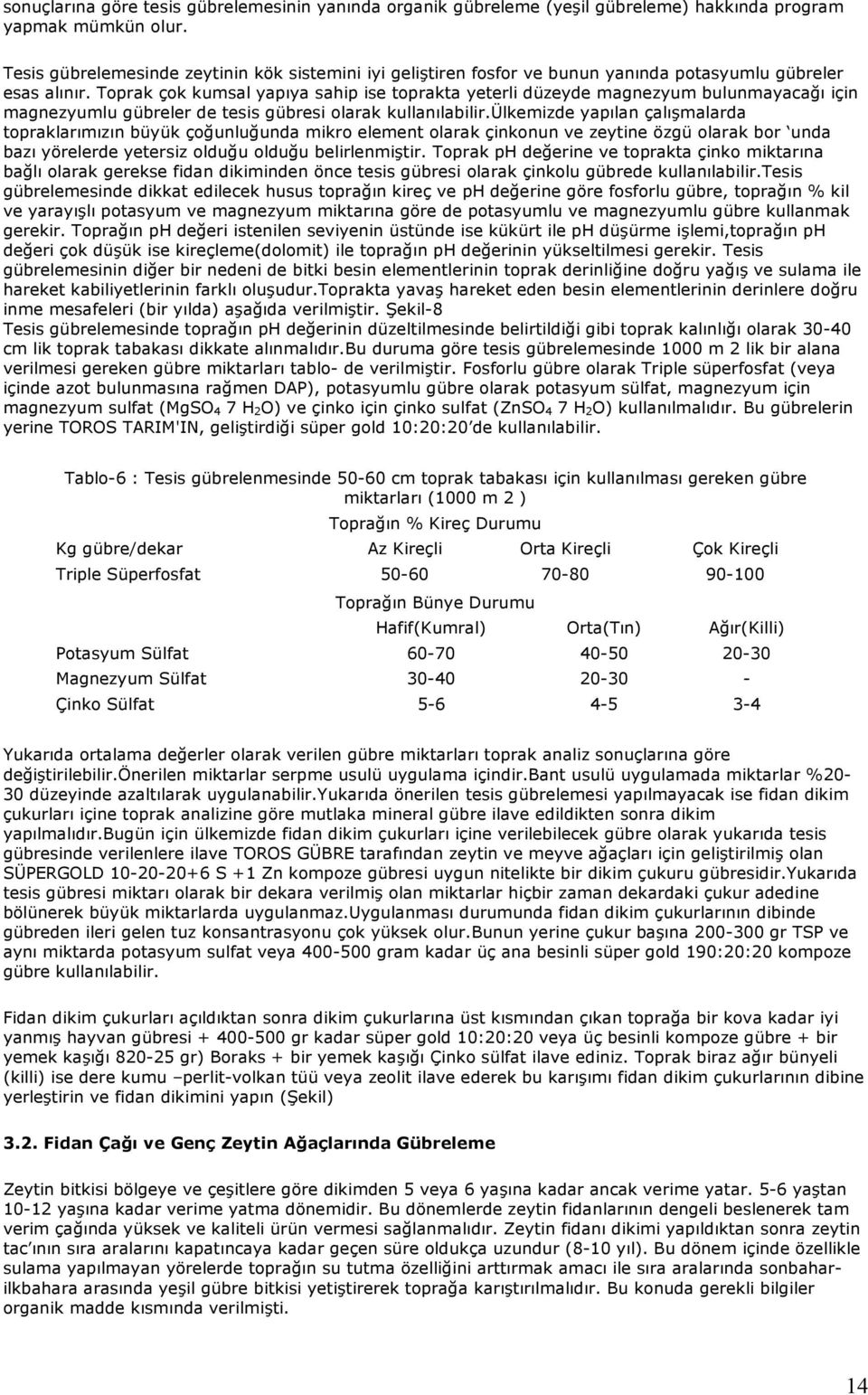 Toprak çok kumsal yapıya sahip ise toprakta yeterli düzeyde magnezyum bulunmayacağı için magnezyumlu gübreler de tesis gübresi olarak kullanılabilir.