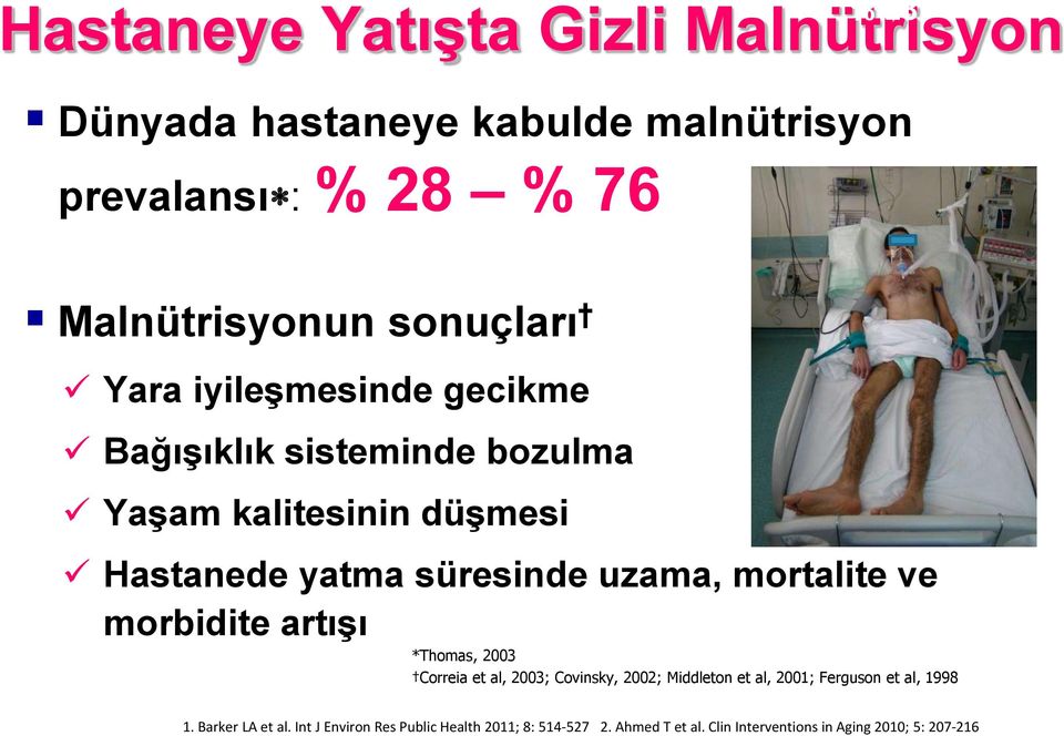 mortalite ve morbidite artışı % 76 *Thomas, 2003 Correia et al, 2003; Covinsky, 2002; Middleton et al, 2001; Ferguson et al,
