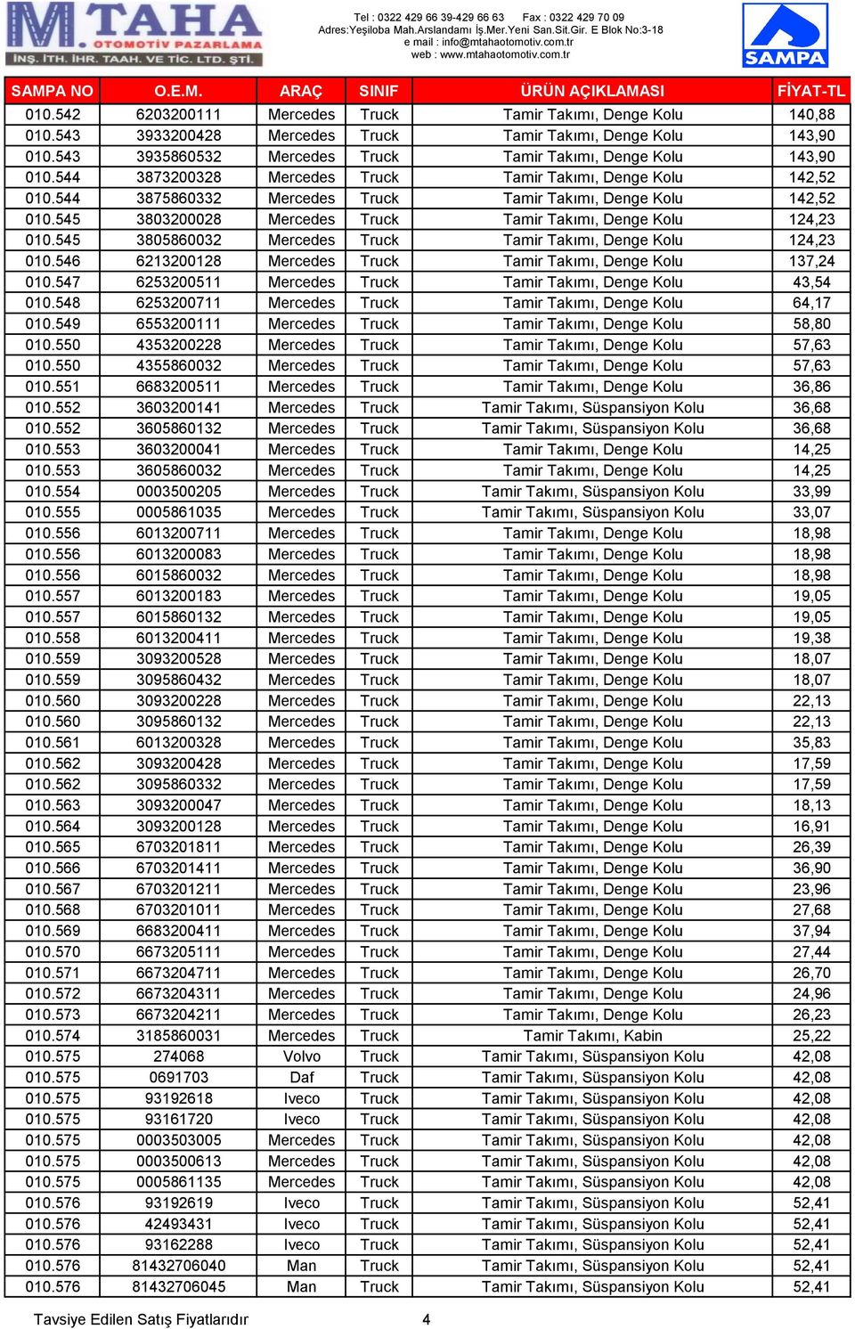 545 3803200028 Mercedes Truck Tamir Takımı, Denge Kolu 124,23 010.545 3805860032 Mercedes Truck Tamir Takımı, Denge Kolu 124,23 010.546 6213200128 Mercedes Truck Tamir Takımı, Denge Kolu 137,24 010.