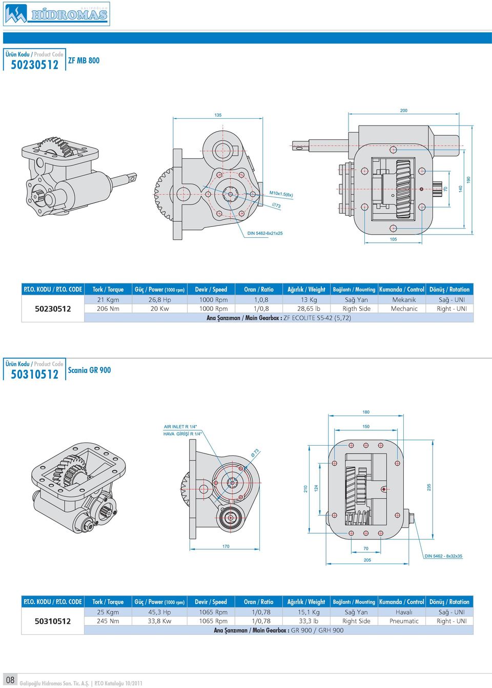 50310512 25 Kgm 45,3 Hp 1065 Rpm 1/0,78 15,1 Kg Sağ Yan Havalı Sağ - UNI 245 Nm 33,8 Kw 1065 Rpm 1/0,78 33,3 lb Right