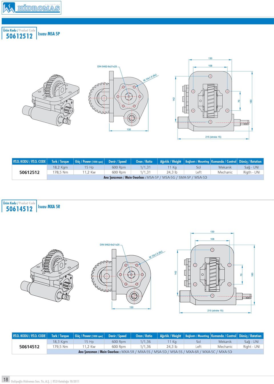 15 Hp 600 Rpm 1/1,36 11 Kg Sol Mekanik Sağ - UNI 179,5 Nm 11,2 Kw 600 Rpm 1/1,36 24,3 lb Left Mechanic Right - UNI Ana Şanzıman /