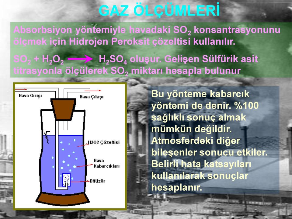 GeliĢen Sülfürik asit titrasyonla ölçülerek SO 2 miktarı hesapla bulunur Bu yönteme kabarcık yöntemi