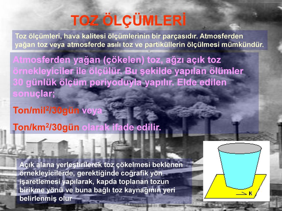 Atmosferden yağan (çökelen) toz, ağzı açık toz örnekleyiciler ile ölçülür. Bu Ģekilde yapılan ölümler 30 günlük ölçüm periyoduyla yapılır.