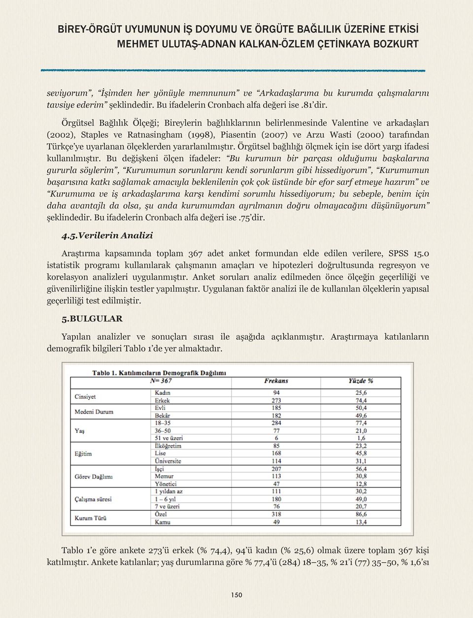 Örgütsel Bağlılık Ölçeği; Bireylerin bağlılıklarının belirlenmesinde Valentine ve arkadaşları (2002), Staples ve Ratnasingham (1998), Piasentin (2007) ve Arzu Wasti (2000) tarafından Türkçe ye