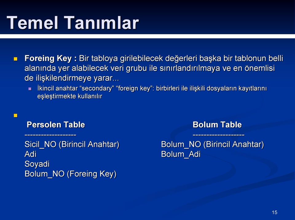 .. İkincil anahtar secondary foreign key : birbirleri ile ilişkili dosyaların kayıtlarını eşleştirmekte kullanılır