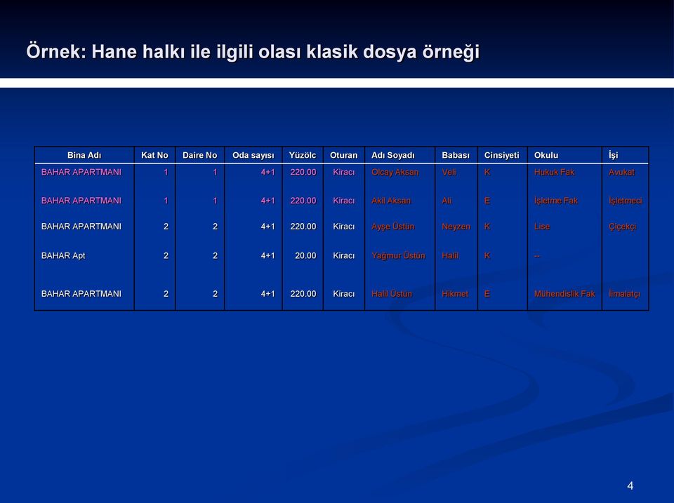 00 Kiracı Akil Aksan Ali E İşletme Fak İşletmeci BAHAR APARTMANI 2 2 4+1 220.