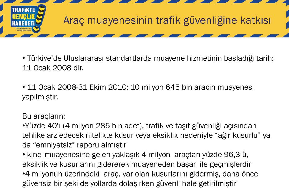 Bu araçların: Yüzde 40 ı (4 milyon 285 bin adet), trafik ve taşıt güvenliği açısından tehlike arz edecek nitelikte kusur veya eksiklik nedeniyle ağır kusurlu ya da