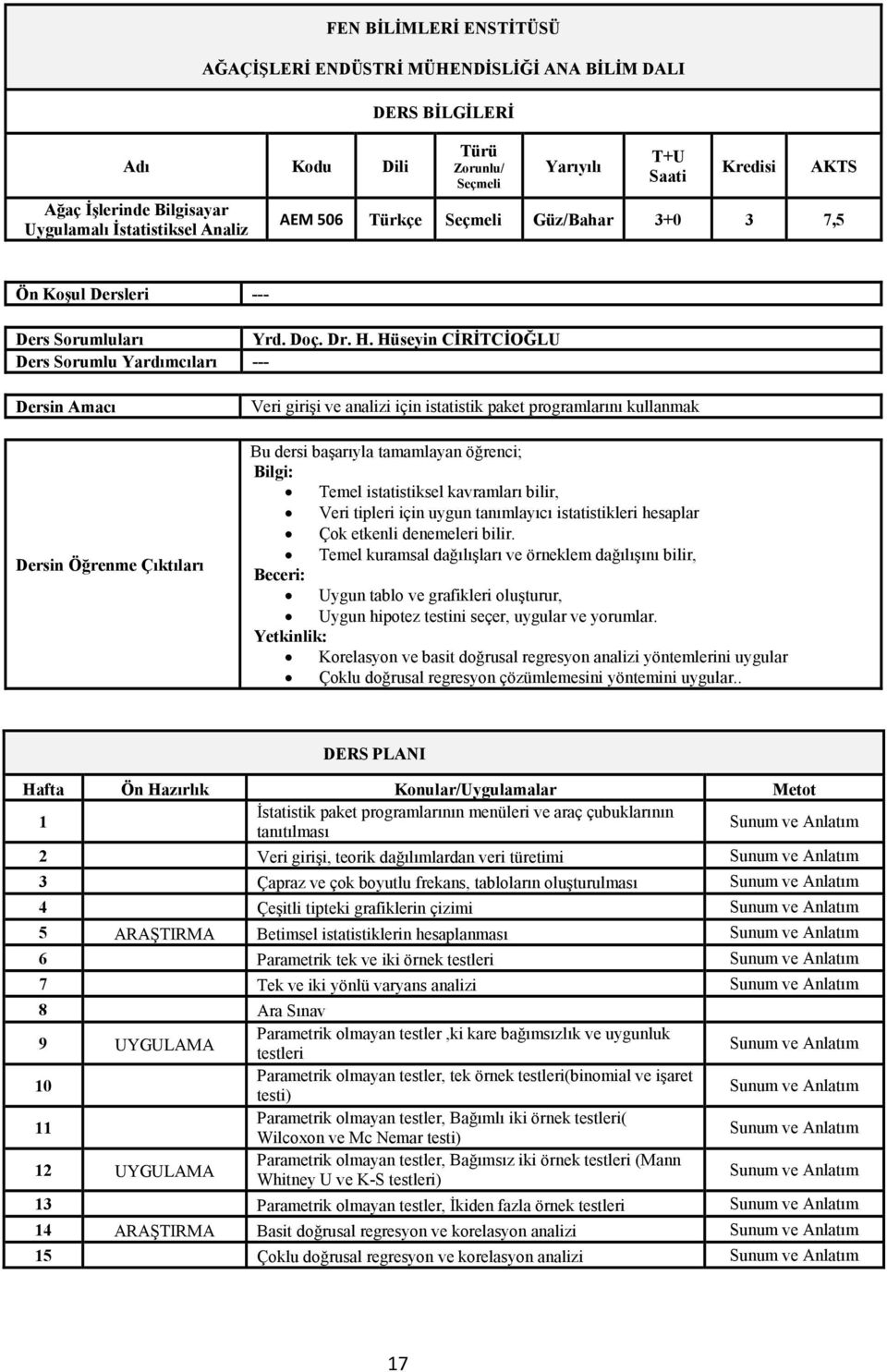 Hüseyin CİRİTCİOĞLU Ders Sorumlu Yardımcıları --- Dersin Amacı Dersin Öğrenme Çıktıları Veri girişi ve analizi için istatistik paket programlarını kullanmak Bu dersi başarıyla tamamlayan öğrenci;