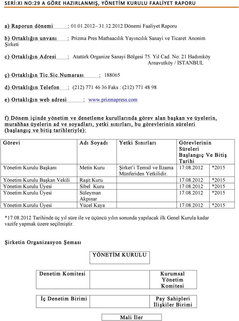 No: 21 Hadımköy Arnavutköy / İSTANBUL ç) Ortaklığın Tic.Sic.Numarası : 188065 d) Ortaklığın Telefon : (212) 771 46 36 Faks : (212) 771 48 98 e) Ortaklığın web adresi : www.prizmapress.