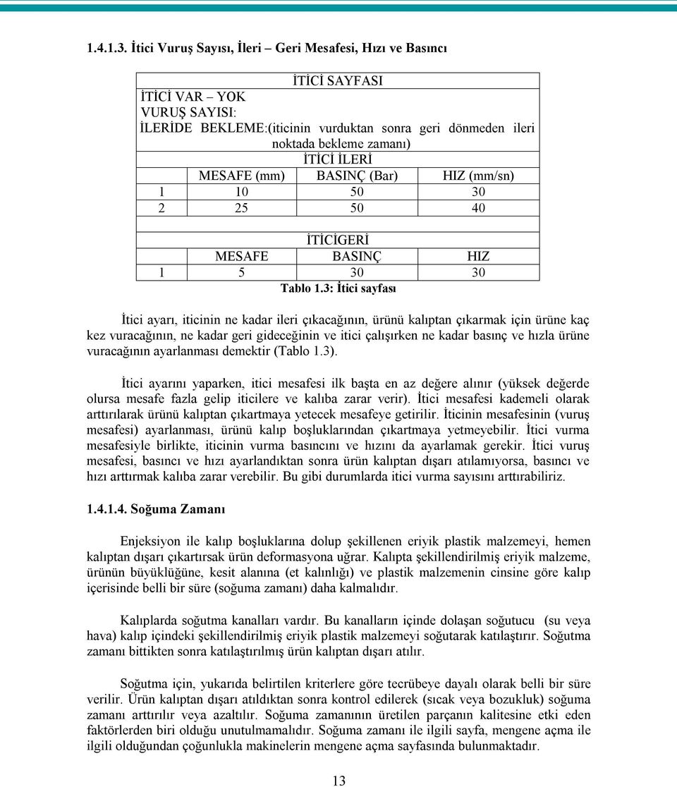 MESAFE (mm) BASINÇ (Bar) HIZ (mm/sn) 1 10 50 30 2 25 50 40 İTİCİGERİ MESAFE BASINÇ HIZ 1 5 30 30 Tablo 1.