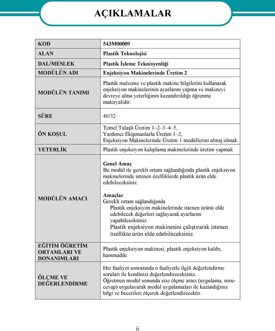 SÜRE 40/32 ÖN KOŞUL YETERLİK Temel Talaşlı Üretim 1 2 3 4 5, Yardımcı Ekipmanlarla Üretim 1 2, Enjeksiyon Makinelerinde Üretim 1 modüllerini almış olmak Plastik enjeksiyon kalıplama makinelerinde