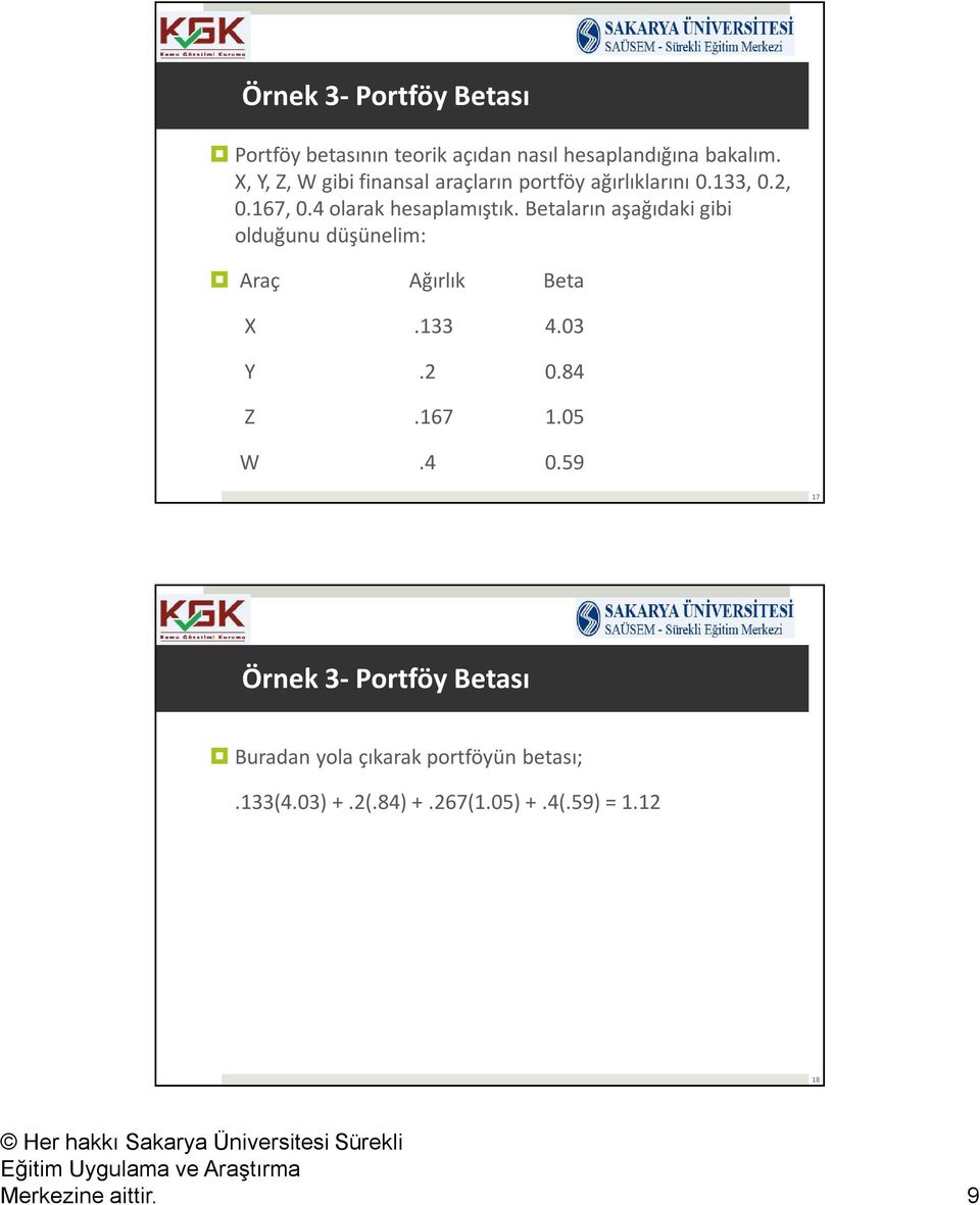 Betaların aşağıdaki gibi olduğunu düşünelim: Araç Ağırlık Beta X.133 4.03 Y.2 0.84 Z.167 1.05 W.4 0.