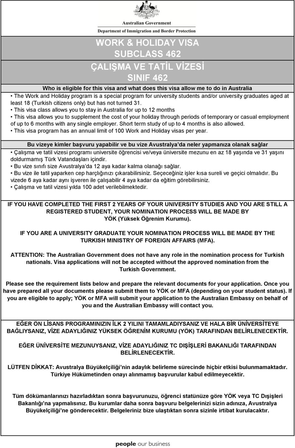 This visa class allows you to stay in Australia for up to 12 months This visa allows you to supplement the cost of your holiday through periods of temporary or casual employment of up to 6 months