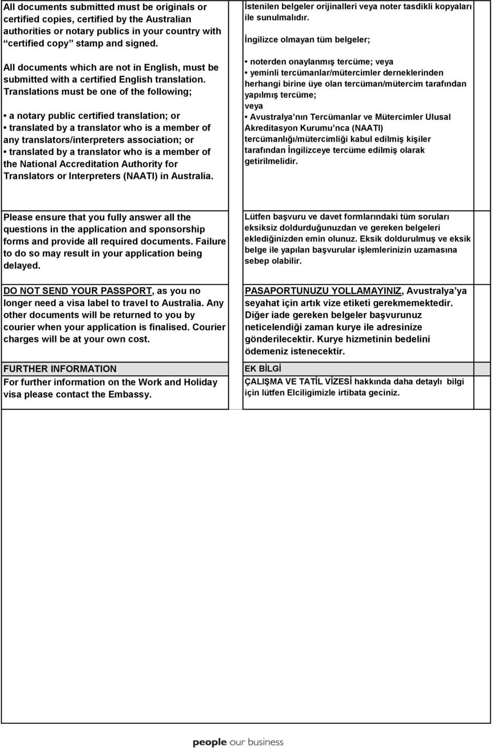 Translations must be one of the following; a notary public certified translation; or any translators/interpreters association; or the National Accreditation Authority for Translators or Interpreters