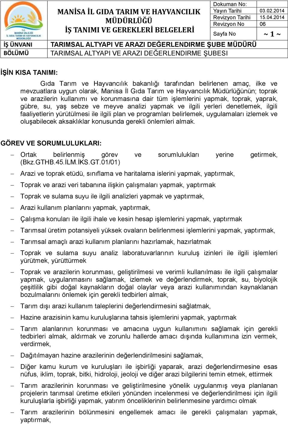 olarak, Manisa İl Gıda Tarım ve Hayvancılık Müdürlüğünün; toprak ve arazilerin kullanımı ve korunmasına dair tüm işlemlerini yapmak, toprak, yaprak, gübre, su, yaş sebze ve meyve analizi yapmak ve