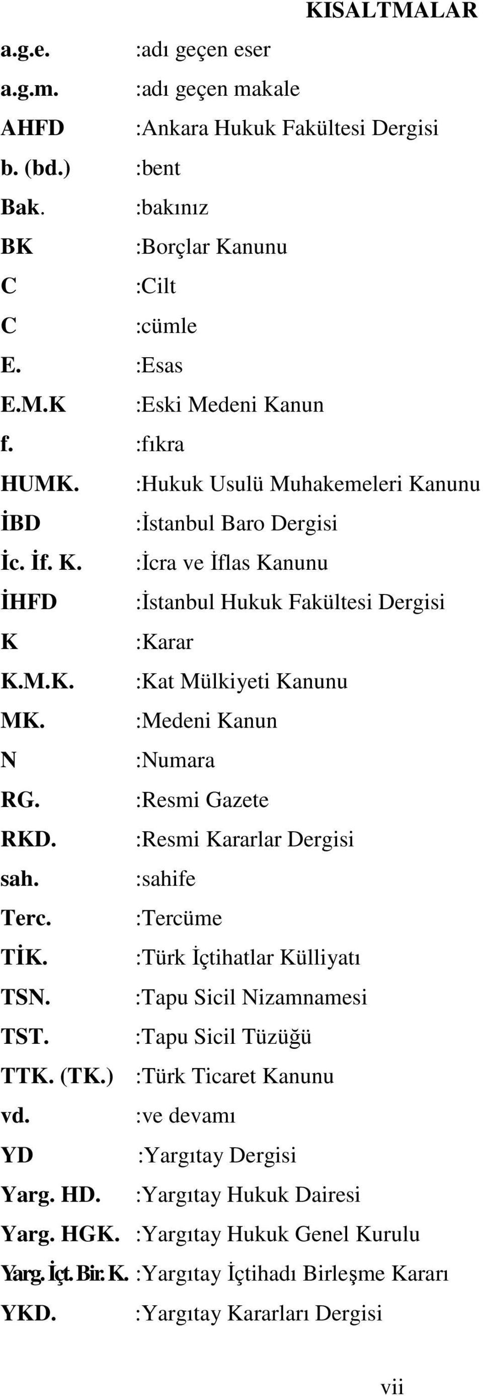 :Medeni Kanun N :Numara RG. :Resmi Gazete RKD. :Resmi Kararlar Dergisi sah. :sahife Terc. :Tercüme TİK. :Türk İçtihatlar Külliyatı TSN. :Tapu Sicil Nizamnamesi TST. :Tapu Sicil Tüzüğü TTK. (TK.