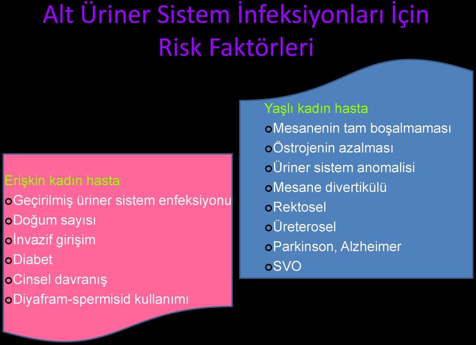 Diyafram-spermisid kullanımı Yaşlı kadın hasta Mesanenin tam boşalmaması Östrojenin