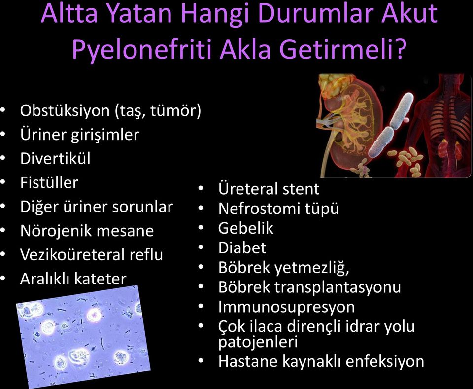 Nörojenik mesane Vezikoüreteral reflu Aralıklı kateter Üreteral stent Nefrostomi tüpü Gebelik