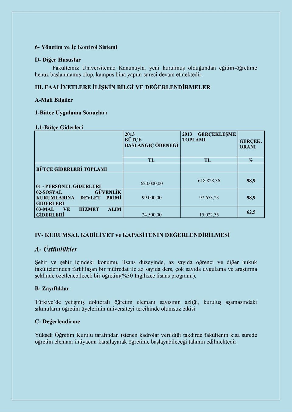 ORANI TL TL % BÜTÇE GİDERLERİ TOPLAMI 618.828,36 98,9 620.000,00 01 - PERSONEL GİDERLERİ 02-SOSYAL GÜVENLİK KURUMLARINA DEVLET PRİMİ 99.000,00 97.