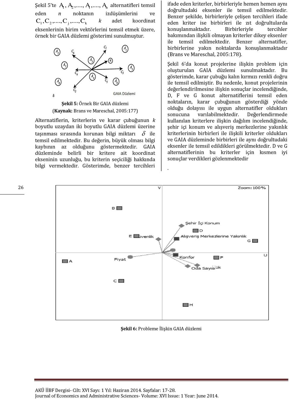 Şekil 5: Örnek Bir GAIA düzlemi (Kaynak: Brans ve Mareschal, 2005:177) Alternatiflerin, kriterlerin ve karar çubuğunun k boyutlu uzaydan iki boyutlu GAIA düzlemi üzerine taşınması sırasında korunan