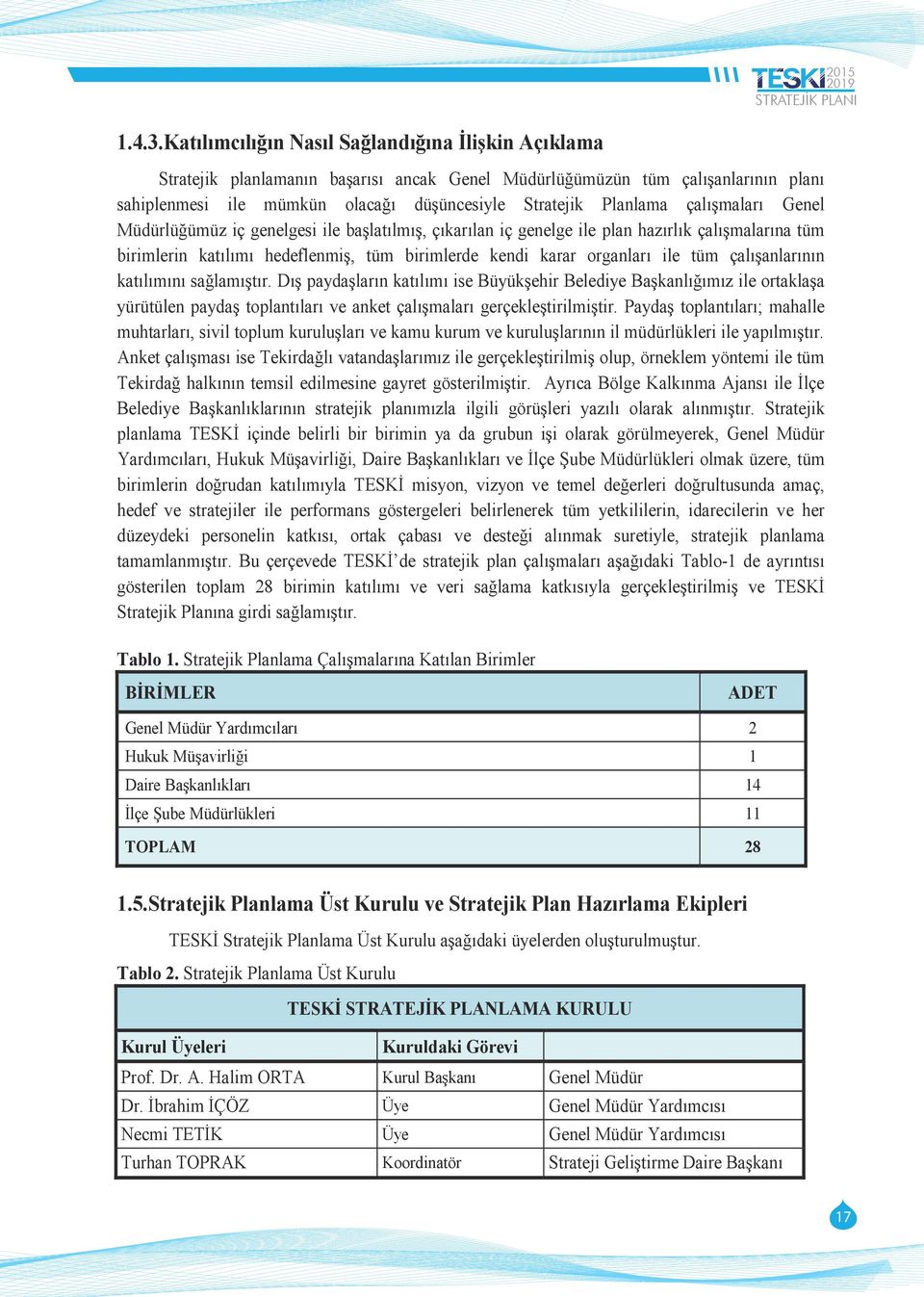 düģüncesiyle Stratejik Planlama çalıģmaları Genel Müdürlüğümüz iç genelgesi ile baģlatılmıģ, çıkarılan iç genelge ile plan hazırlık çalıģmalarına tüm birimlerin katılımı hedeflenmiģ, tüm birimlerde