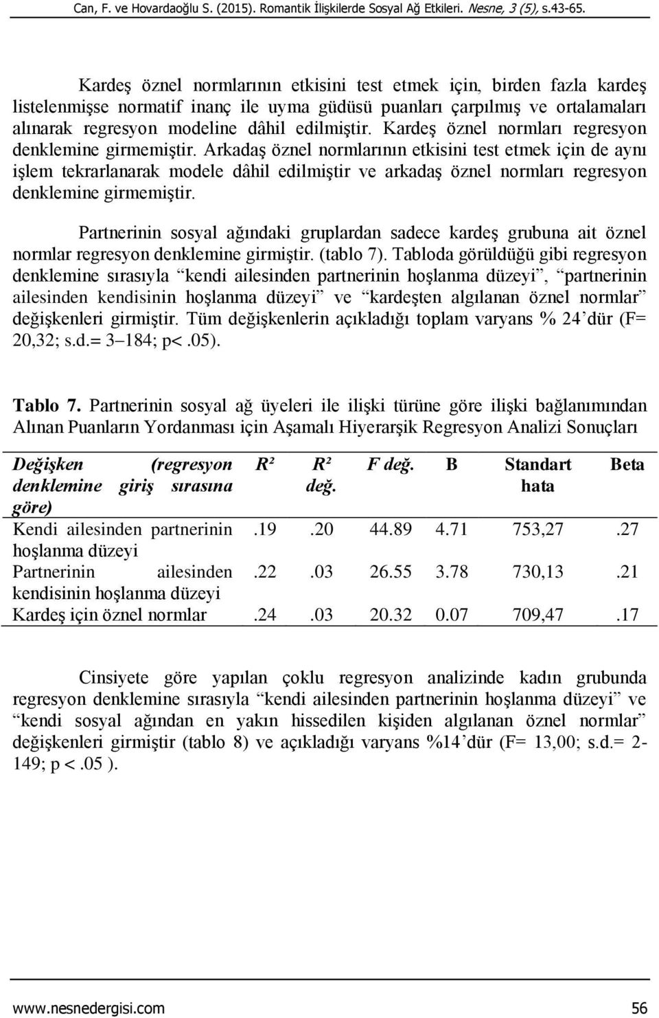 Kardeş öznel normları regresyon denklemine girmemiştir.