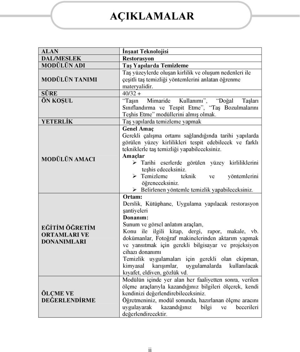 YETERLİK MODÜLÜN AMACI EĞİTİM ÖĞRETİM ORTAMLARI VE DONANIMLARI ÖLÇME VE DEĞERLENDİRME Taş yapılarda temizleme yapmak Genel Amaç Gerekli çalışma ortamı sağlandığında tarihi yapılarda görülen yüzey