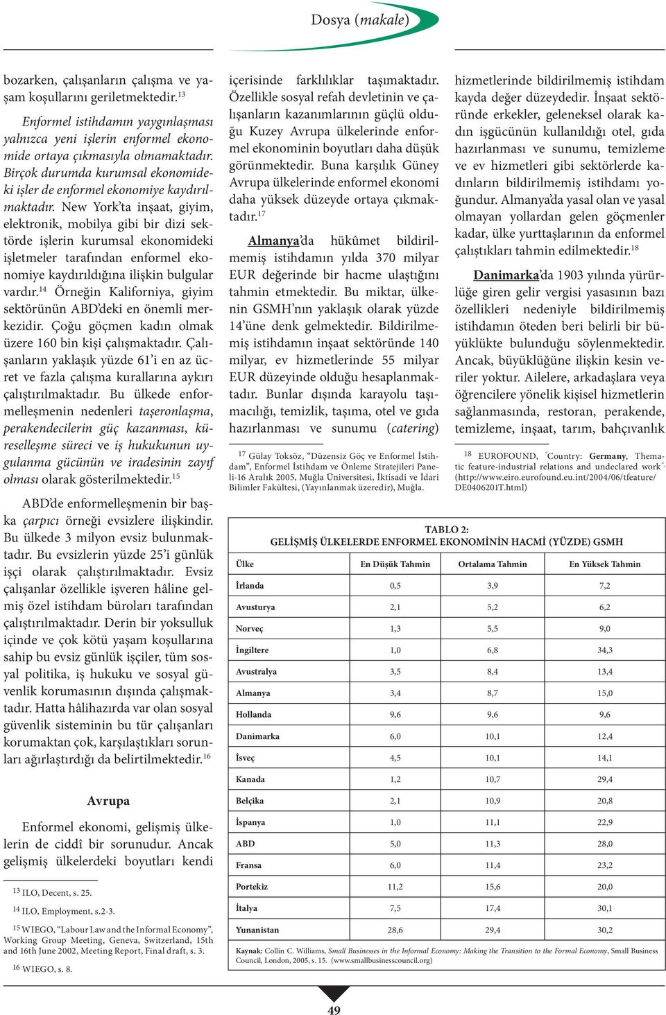 New York ta inşaat, giyim, elektronik, mobilya gibi bir dizi sektörde işlerin kurumsal ekonomideki işletmeler tarafından enformel ekonomiye kaydırıldığına ilişkin bulgular vardır.