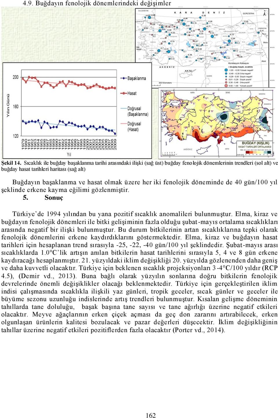 üzere her iki fenolojik döneminde de 40 gün/100 yıl şeklinde erkene kayma eğilimi gözlenmiştir. 5. Sonuç Türkiye de 1994 yılından bu yana pozitif sıcaklık anomalileri bulunmuştur.