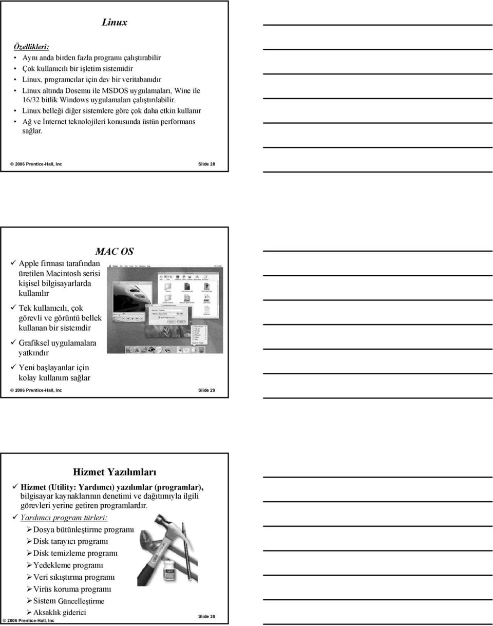 Slide 28 MAC OS Apple firması tarafından üretilen Macintosh serisi kişisel bilgisayarlarda kullanılır Tek kullanıcılı, çok görevli ve görüntü bellek kullanan bir sistemdir Grafiksel uygulamalara