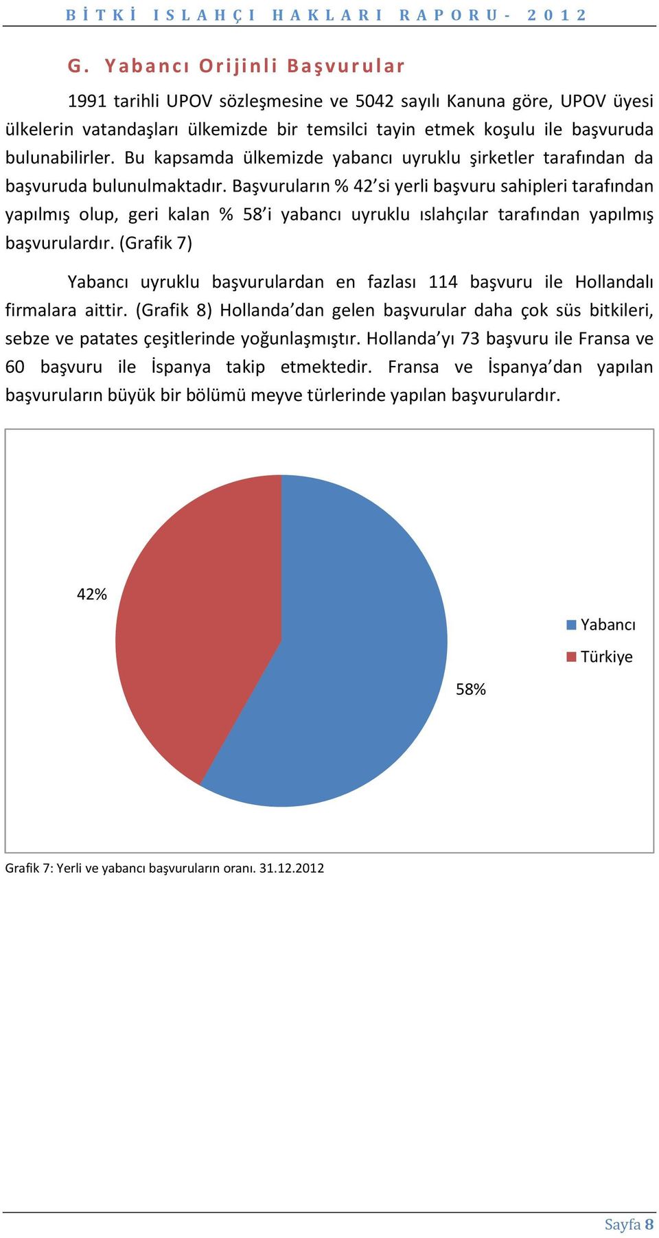 Başvuruların % 42 si yerli başvuru sahipleri tarafından yapılmış olup, geri kalan % 58 i yabancı uyruklu ıslahçılar tarafından yapılmış başvurulardır.