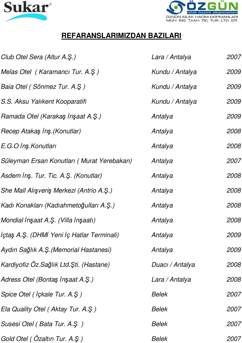 .) Antalya 2008 Kadı Konakları (Kadıahmetoğulları A..) Antalya 2008 Mondial İnşaat A.. (Villa İnşaatı) Antalya 2008 İçtaş A.. (DHMİ Yeni İç Hatlar Terminali) Antalya 2009 Aydın Sağlık A.