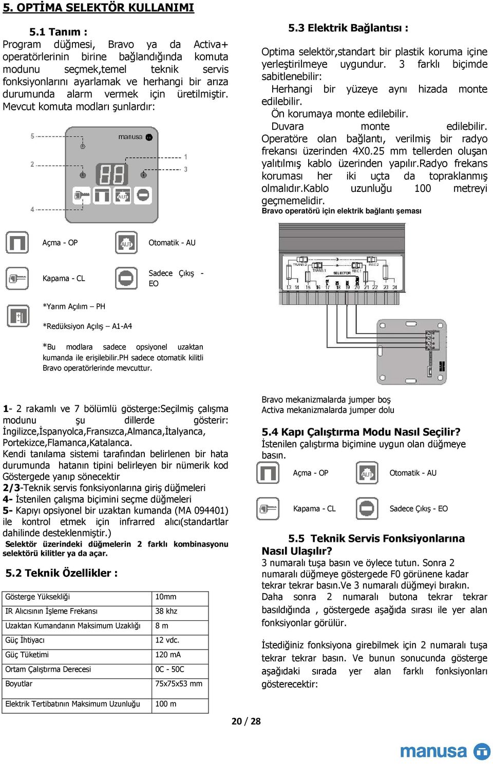 için üretilmiştir. Mevcut komuta modları şunlardır: 5.3 Elektrik Bağlantısı : Optima selektör,standart bir plastik koruma içine yerleştirilmeye uygundur.