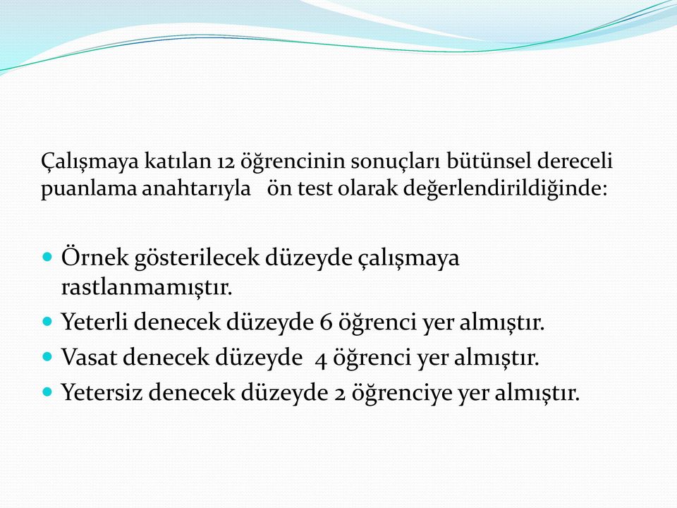 çalışmaya rastlanmamıştır. Yeterli denecek düzeyde 6 öğrenci yer almıştır.