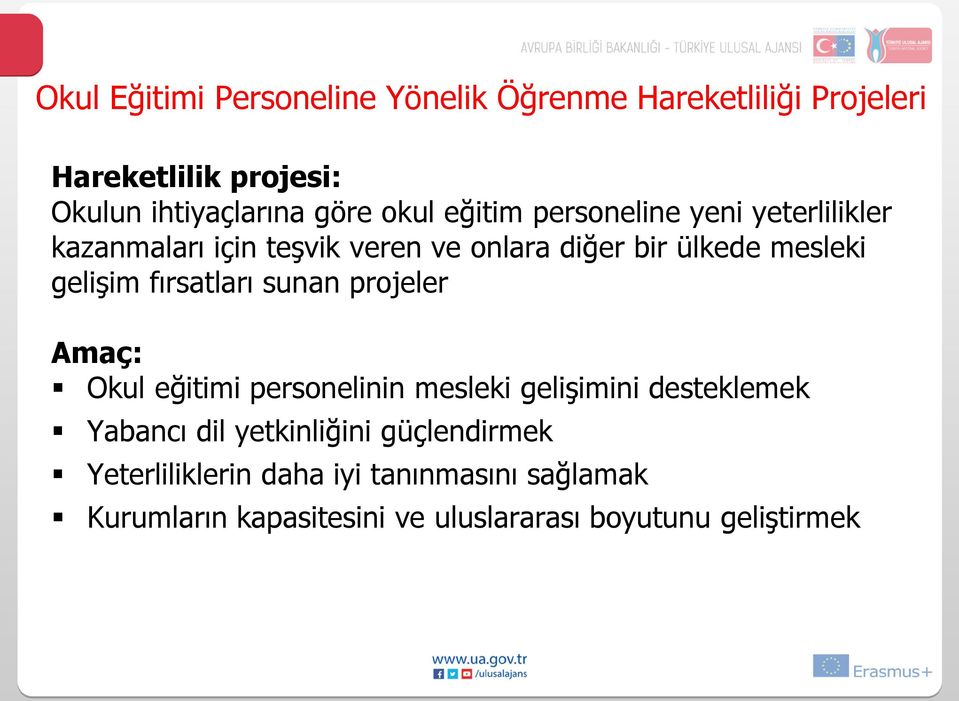 fırsatları sunan projeler Amaç: Okul eğitimi personelinin mesleki gelişimini desteklemek Yabancı dil yetkinliğini