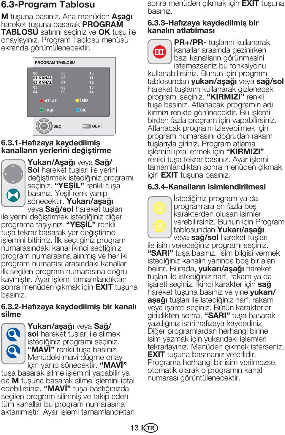 08 13 04 09 14 ATLAT TAŞI İSİM SİL SEÇ GERİ 6.3.1-Hafızaya kaydedilmiş kanalların yerlerini değiştirme Yukarı/Aşağı veya Sağ/ Sol hareket tuşları ile yerini değiştirmek istediğiniz programı seçiniz.