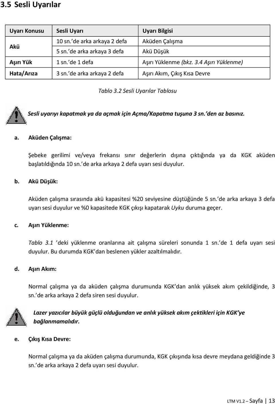 de arka arkaya 2 defa uyarı sesi duyulur. b. Akü Düşük: Aküden çalışma sırasında akü kapasitesi %20 seviyesine düştüğünde 5 sn.