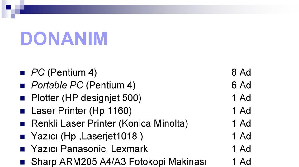 Printer (Konica Minolta) 1 Ad Yazıcı (Hp,Laserjet1018 ) 1 Ad