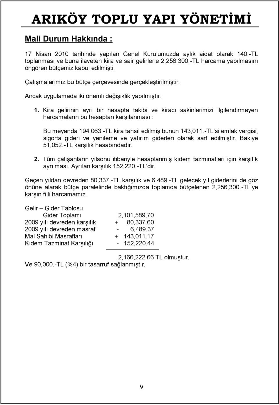 Kira gelirinin ayrı bir hesapta takibi ve kiracı sakinlerimizi ilgilendirmeyen harcamaların bu hesaptan karşılanması : Bu meyanda 194,063.-TL kira tahsil edilmiş bunun 143,011.