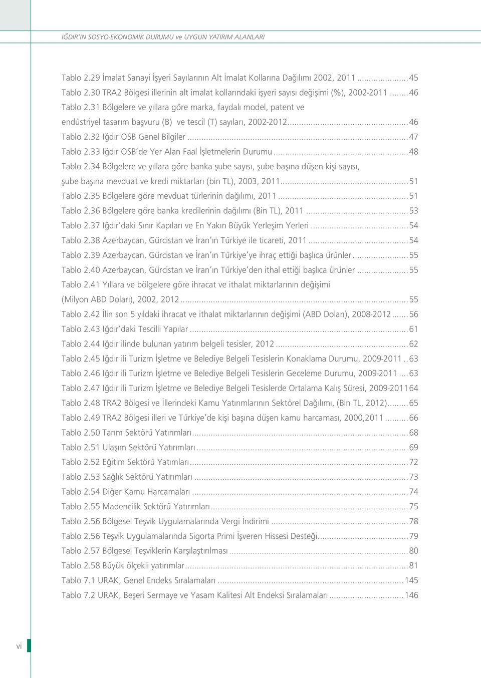 31 Bölgelere ve yıllara göre marka, faydalı model, patent ve endüstriyel tasarım başvuru (B) ve tescil (T) sayıları, 2002-2012...46 Tablo 2.32 Iğdır OSB Genel Bilgiler...47 Tablo 2.