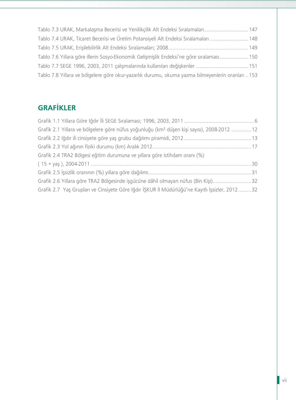 7 SEGE 1996, 2003, 2011 çalışmalarında kullanılan değişkenler...151 Tablo 7.8 Yıllara ve bölgelere göre okur-yazarlık durumu, okuma yazma bilmeyenlerin oranları... 153 GRAFİKLER Grafik 1.