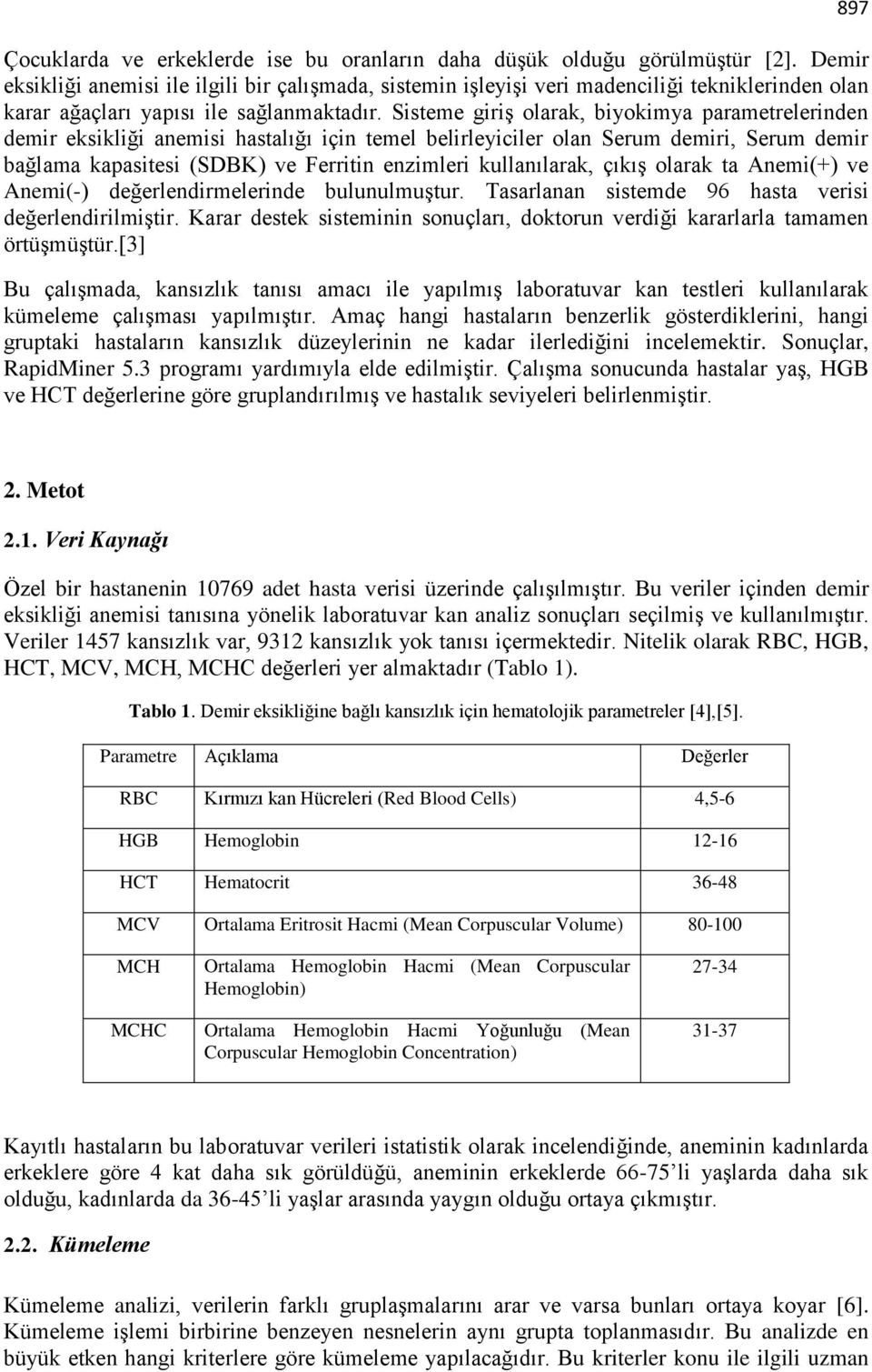 Sisteme giriş olarak, biyokimya parametrelerinden demir eksikliği anemisi hastalığı için temel belirleyiciler olan Serum demiri, Serum demir bağlama kapasitesi (SDBK) ve Ferritin enzimleri