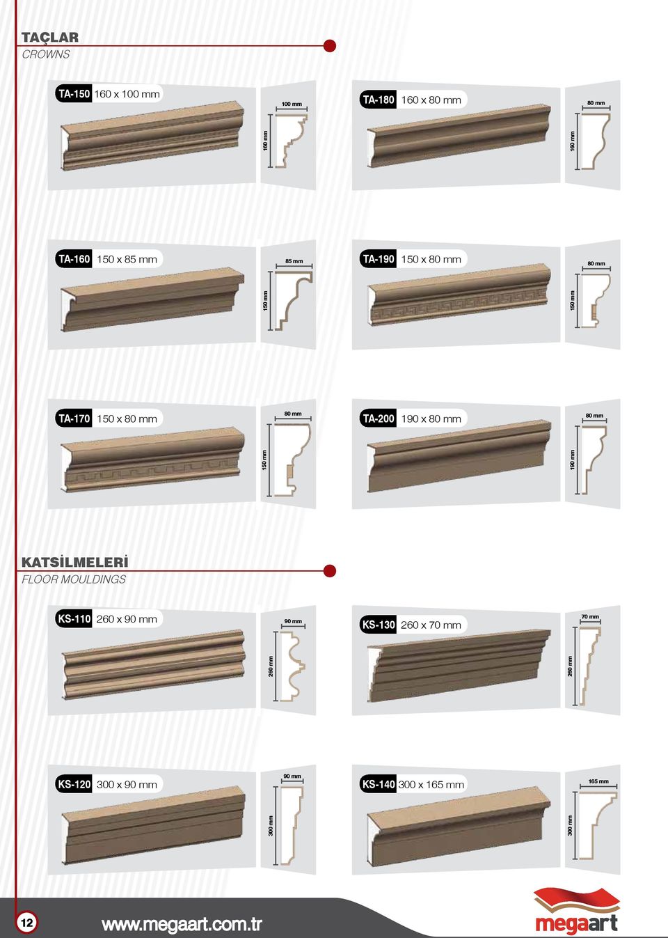 mm 150 mm 190 mm KATSİLMELERİ FLOOR MOULDINGS KS-110 260 x 90 mm 90 mm KS-130 260 x 70